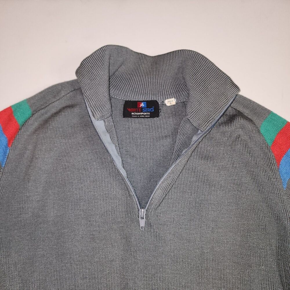Vintage White Stag Grey Wool Blend Quarter Zip Pullover Sweater Size L - Picture 3 of 7
